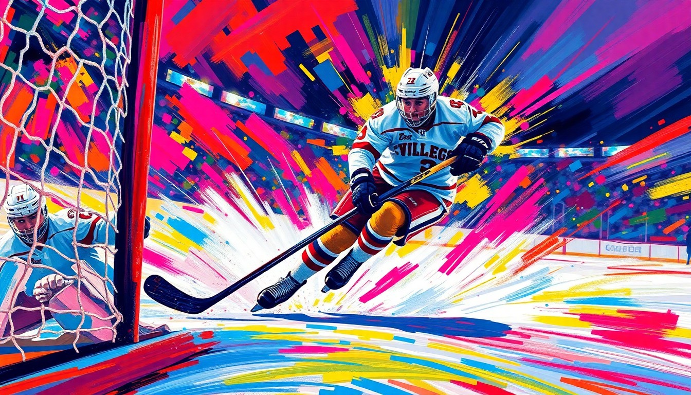 An abstract, expressionist painting in neon colors depicting the dynamic motion and energy of a college hockey player scoring a goal, with no identifiable faces or logos.