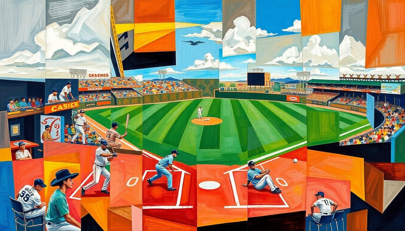 A cubist, geometric painting depicting a baseball game, with players and the field abstracted into sharp, overlapping planes of vibrant colors.