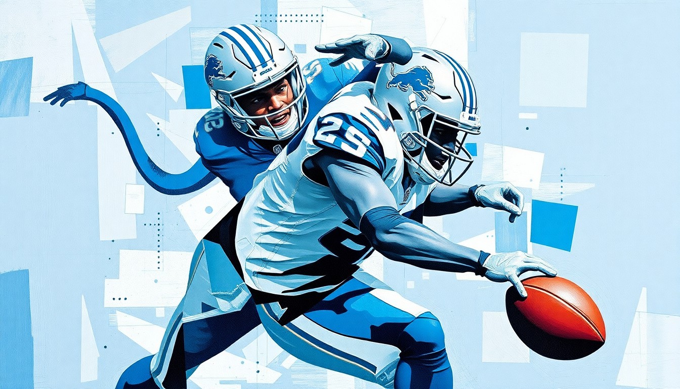 A cubist-style painting depicting a Detroit Lions defensive back making a play on the ball, with sharp, overlapping geometric shapes in the team's colors representing the strategic nature of the move.
