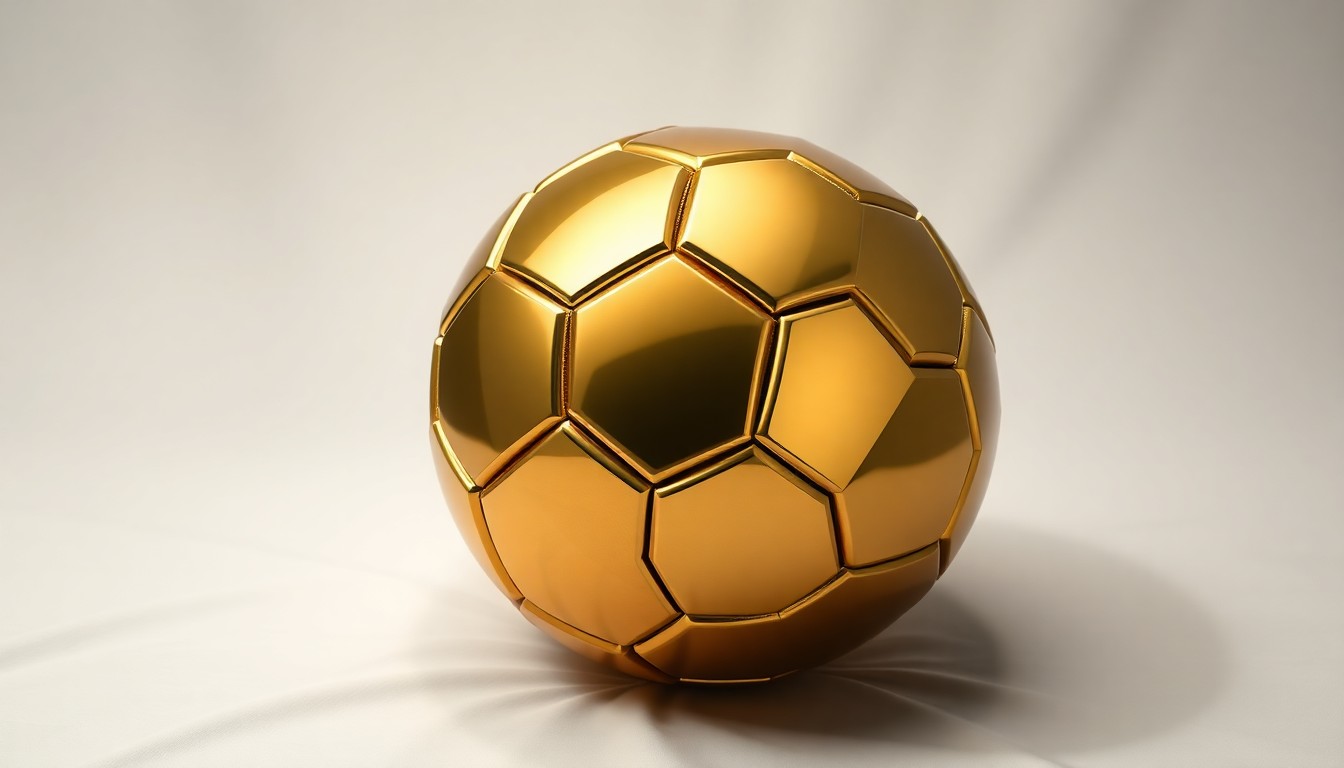 A photorealistic studio still-life photograph featuring a polished, geometric brass sculpture in the shape of a soccer ball, resting on a clean, white seamless background and illuminated by dramatic studio lighting, conceptually representing the journey of a former athlete turned successful businessman.