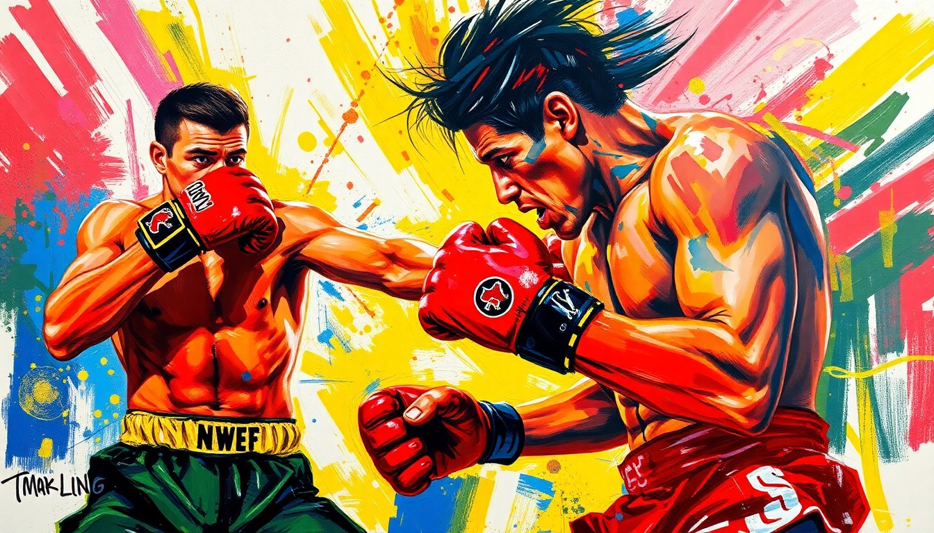 An abstract, expressionist painting featuring bold, neon-colored brushstrokes that capture the raw energy and intensity of a mixed martial arts fight, conceptually representing the thrilling action and high-stakes moments from the weekend's combat sports events.