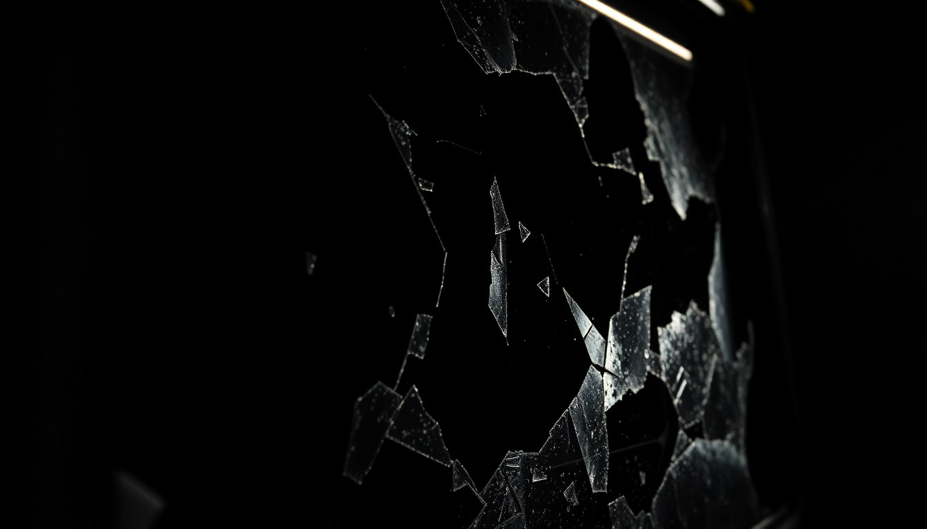 An extreme close-up photograph of a shattered bus window or damaged bus part, lit by a harsh, direct camera flash against a pitch-black background, conceptually illustrating the gritty aftermath of a public transportation accident.