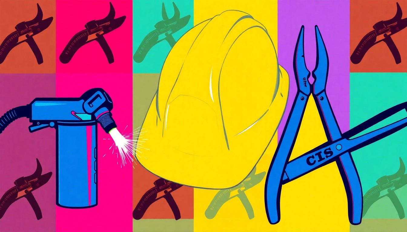 A vibrant, high-contrast silkscreen print featuring repeated images of a welder's torch, a construction hard hat, and a set of pliers, conceptually representing the diverse skilled trades that are in high demand in Virginia.