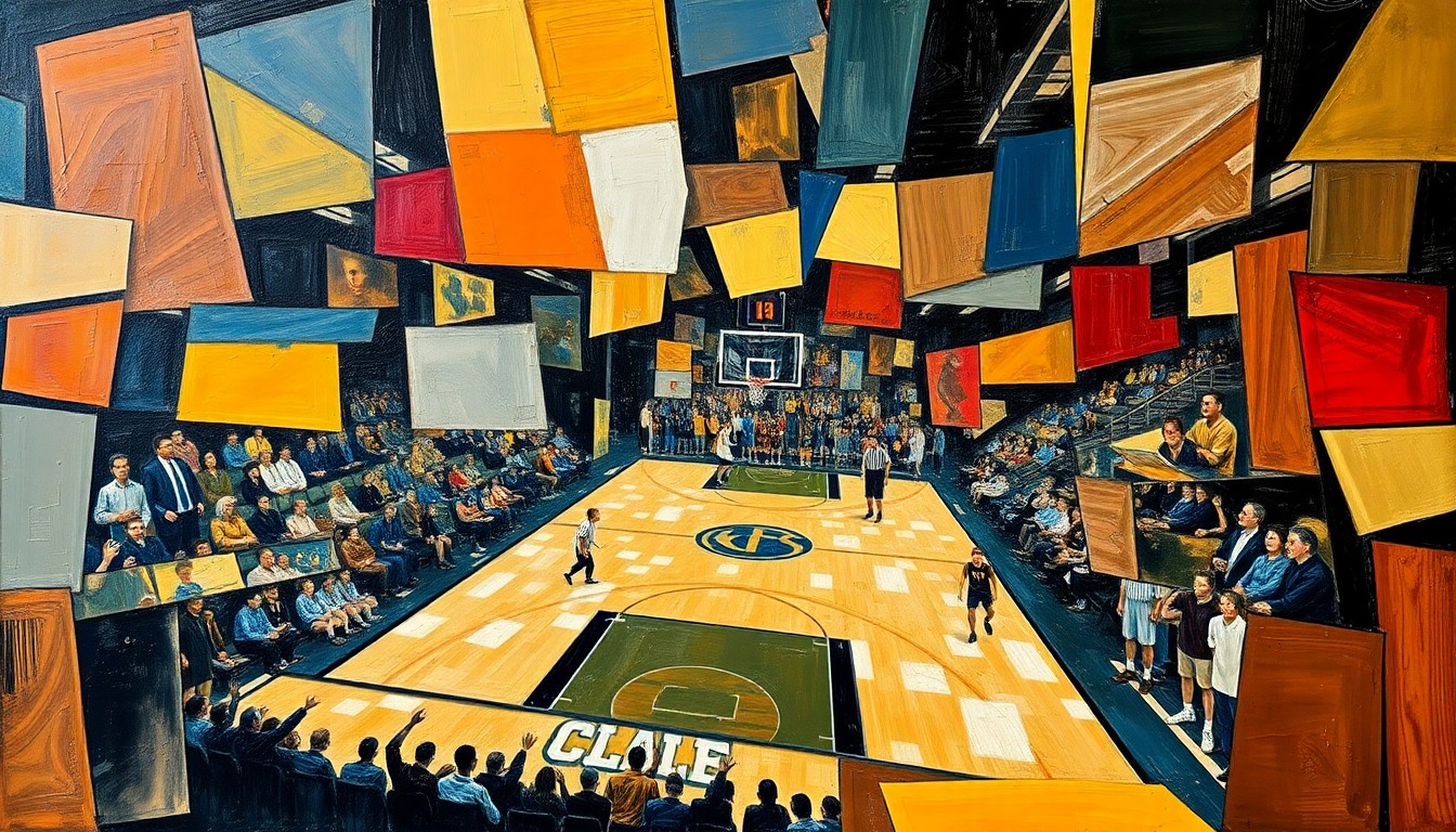 A fragmented, cubist-style painting depicting the chaotic energy and motion of a college basketball game, with players and the court broken down into sharp, overlapping geometric shapes and planes of color.