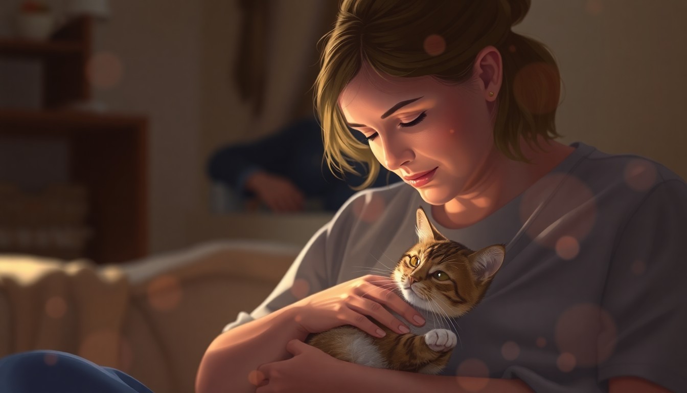 An extremely abstracted, out-of-focus photograph of a Navy spouse gently holding a small animal, with soft pools of warm color and light creating a dreamlike, atmospheric scene that captures the emotional connection between the person and the pet.