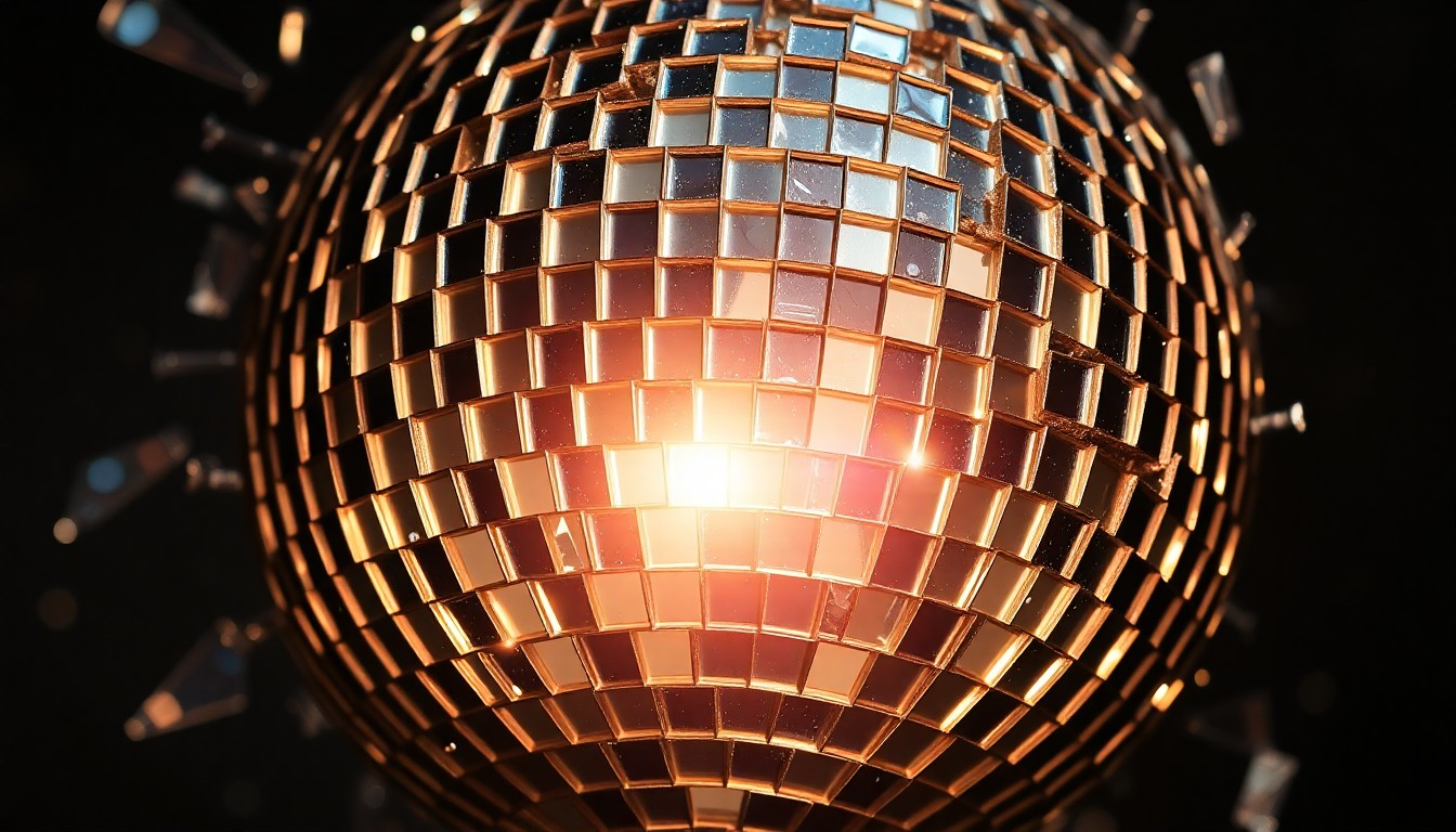 An extreme close-up of a shattered disco ball, reflecting a kaleidoscope of glittering light and shadow, conceptually representing the fragility of life and the dramatic emotional journey of a celebrity.