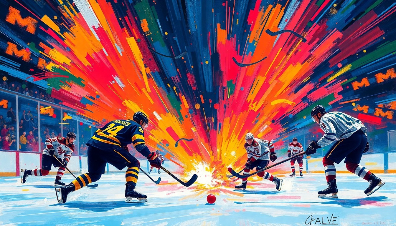 A dynamic, neon-colored painting depicting the chaotic, high-energy action of a college hockey game, with players' forms blurred into abstract shapes and colors, conveying the excitement and drama of the Frozen Four semifinal.