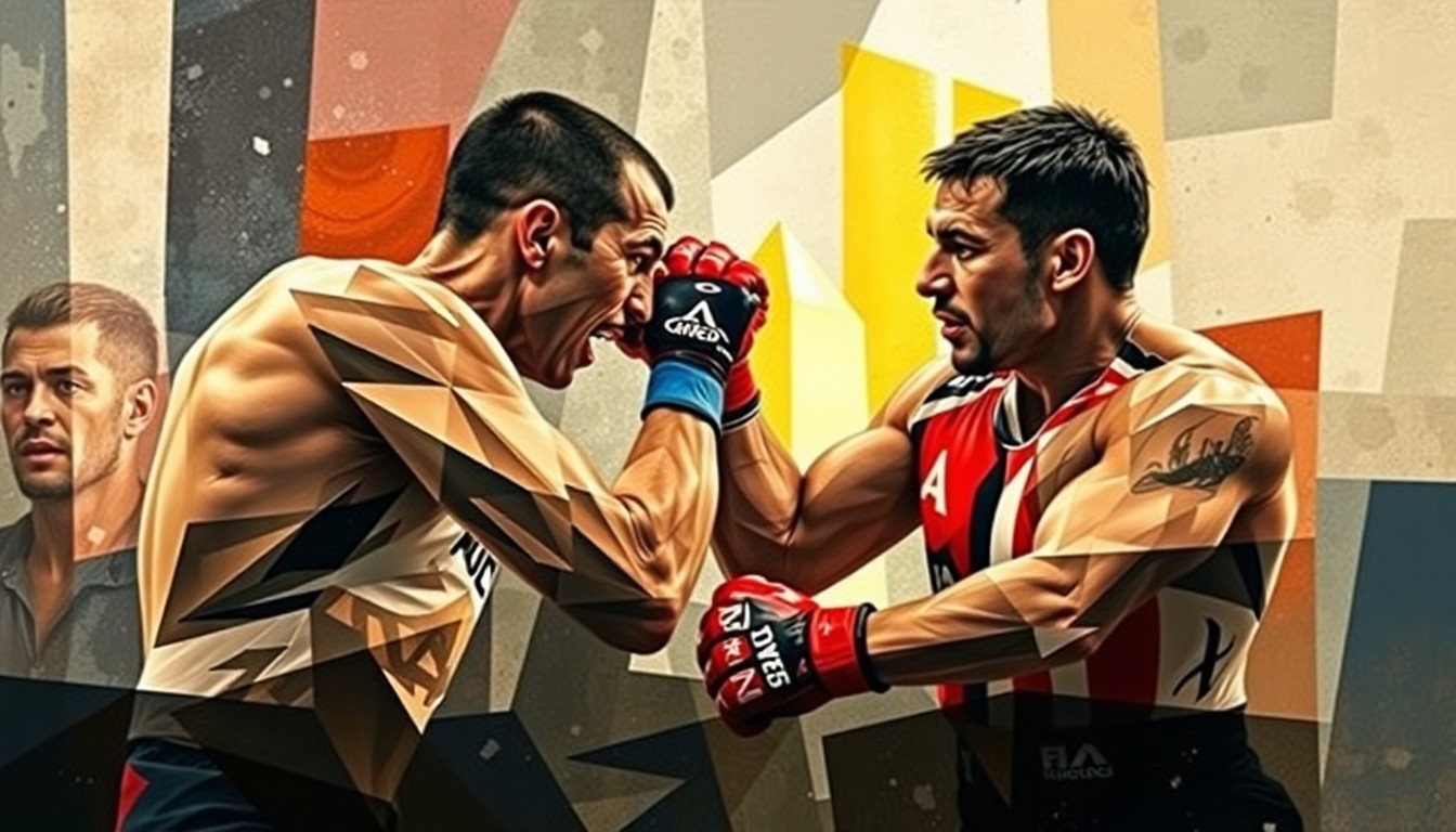 A cubist-inspired painting depicting an MMA fight between two fighters, their bodies and movements broken down into sharp, overlapping geometric shapes and planes of color.