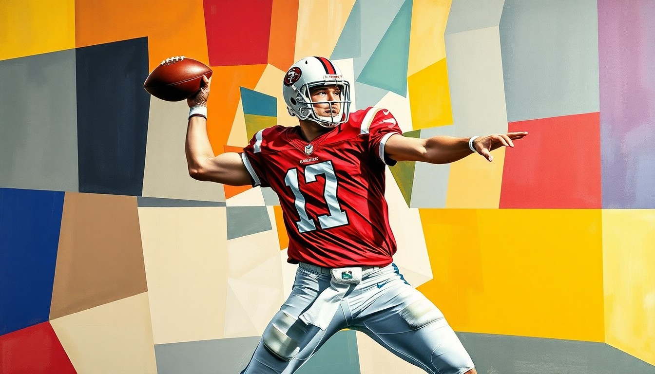 A cubist-style painting depicting a college football quarterback's throwing motion broken down into sharp, overlapping geometric shapes and planes, capturing the raw energy and movement of the sport.