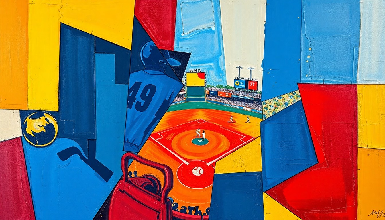 A cubist-style painting depicting a baseball player in various overlapping geometric perspectives, capturing the dynamic motion and energy of the sport.