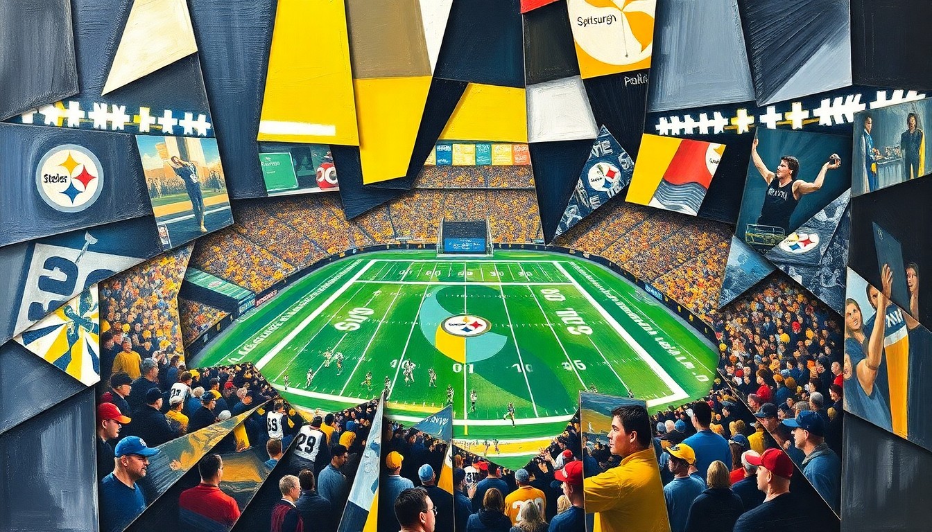 A cubist, geometric painting depicting a fragmented football game scene, with sharp planes of color and shape representing the dynamic action on the field.
