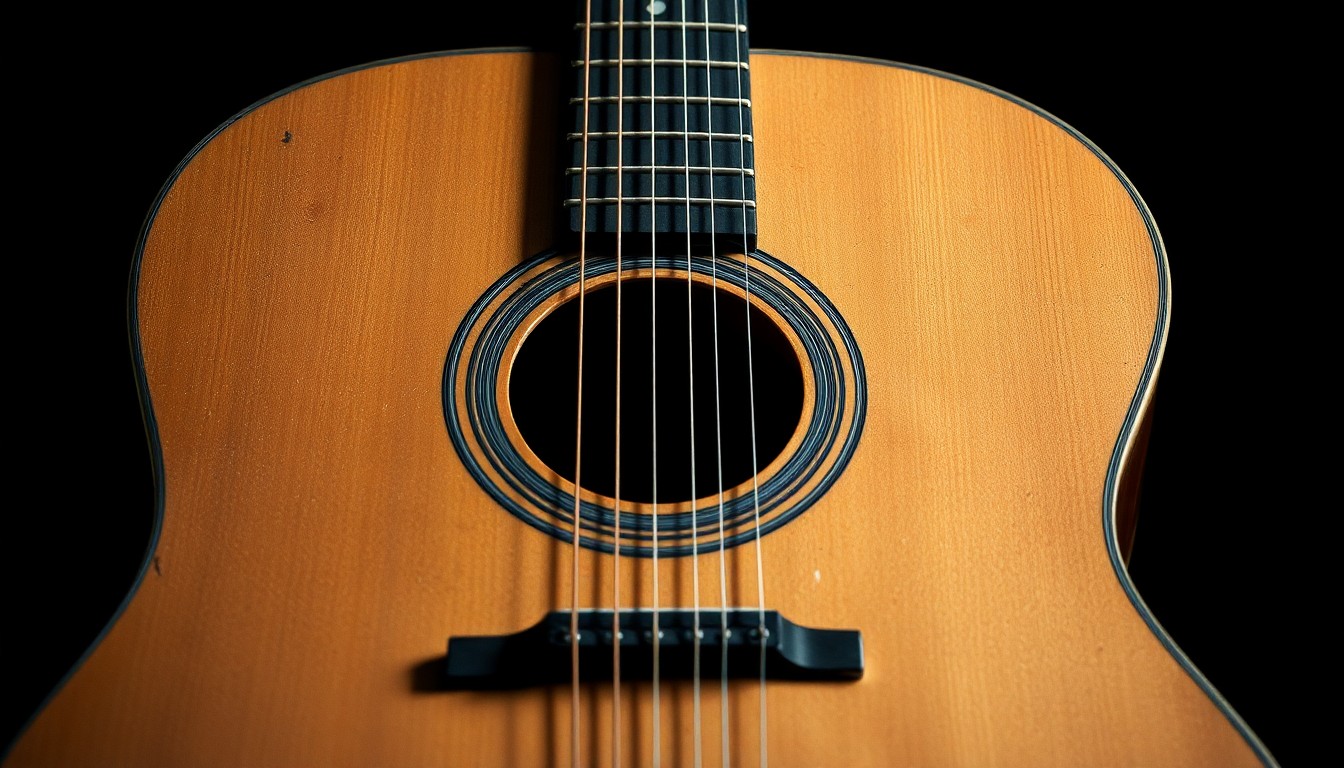 An extreme close-up photograph of a weathered, vintage acoustic guitar, its worn and textured surface captured in dramatic, high-contrast studio lighting, conveying the timeless beauty and history of the instrument.