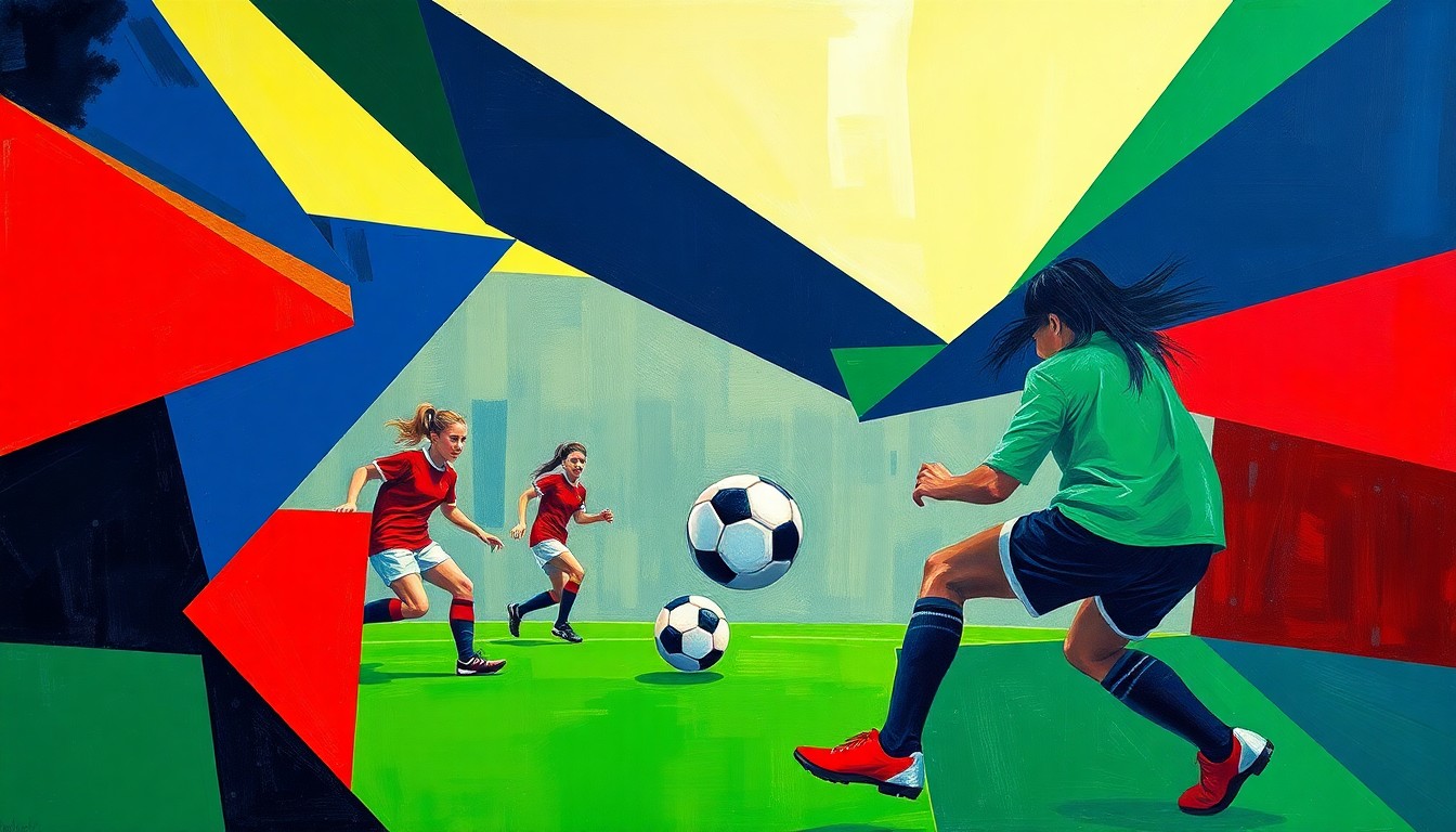 A fractured, multi-perspective painting featuring sharp, overlapping geometric shapes in navy, green, and red, capturing the dynamic movements and energy of a girls' high school soccer match.