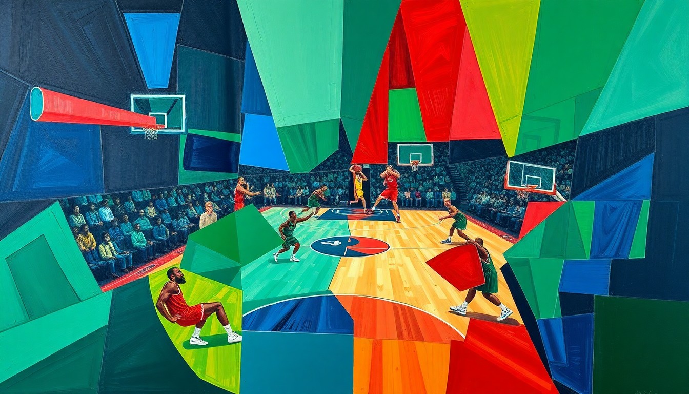 A cubist, geometric painting depicting the dynamic movements and energy of a basketball game, with overlapping planes of color representing the players and action on the court.