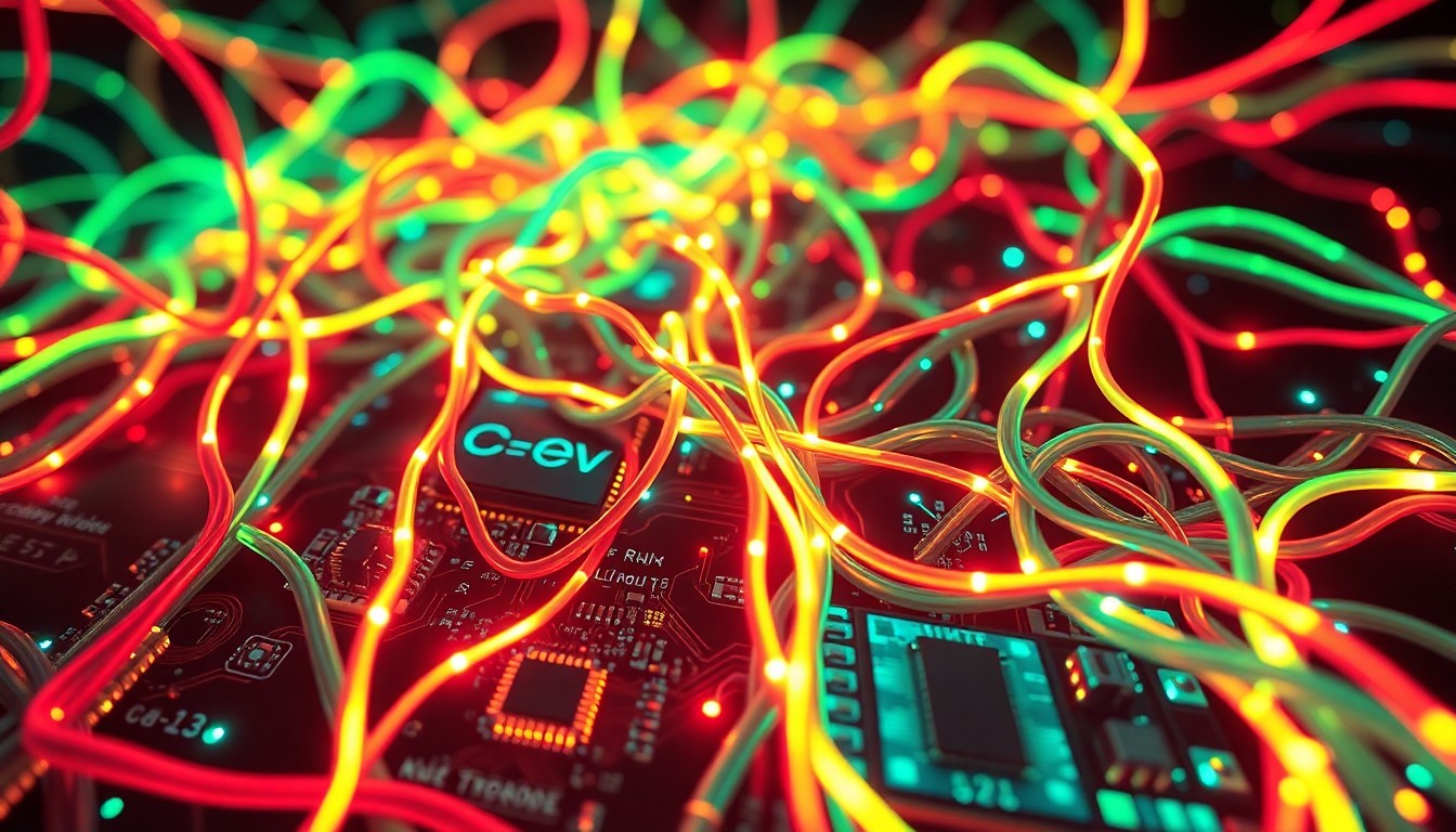 A highly detailed, glowing 3D macro illustration of a tangled web of neon-lit fiber optic cables and circuit boards, representing the complex digital infrastructure that cybercriminals target.