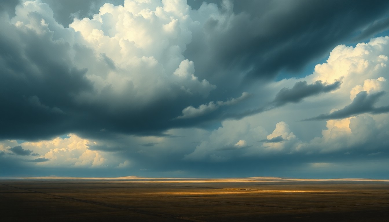 A dramatic landscape painting in muted tones of gray, blue, and green, with a turbulent, cloud-filled sky dominating the frame and dwarfing the flat, open expanse of land below, conveying the overwhelming power of nature.