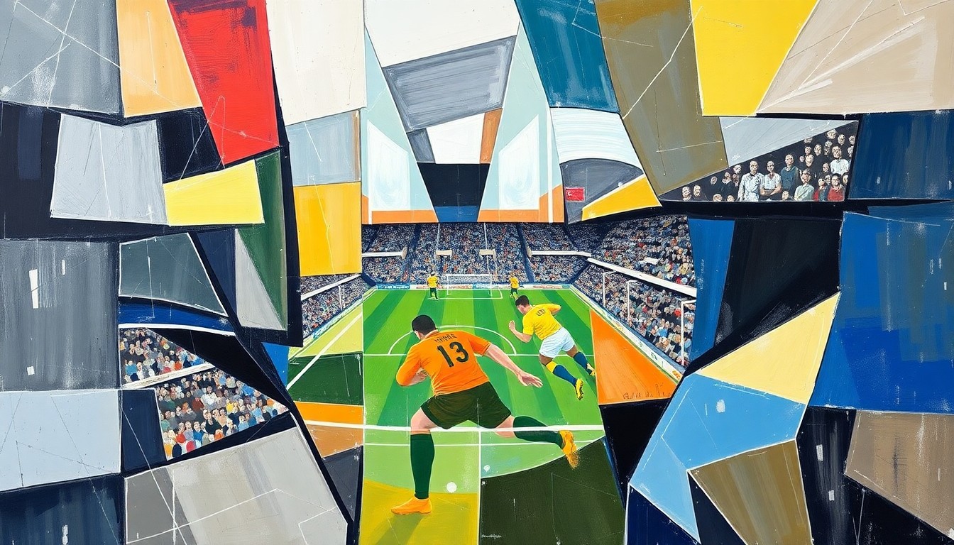 A cubist, geometric painting depicting a fractured, multi-perspective view of a Championship football match, with sharp, overlapping planes of color representing the action on the field.