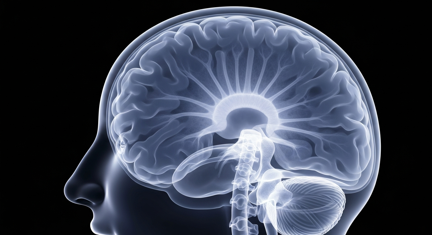 A highly detailed, translucent X-ray photograph showing the intricate structures and glowing neural networks of a human brain, conveying the complex biological mechanisms underlying the link between cannabis use and psychosis risk.