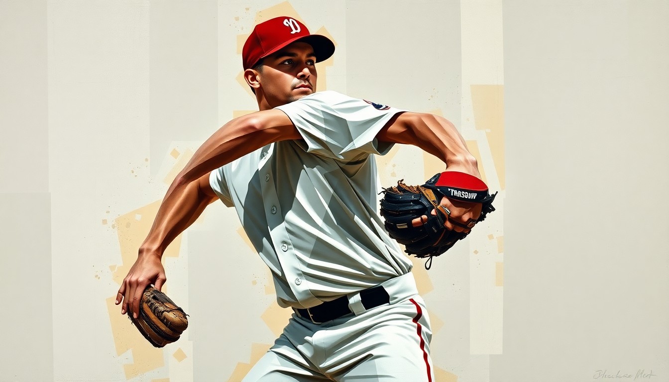 A fractured, geometric painting depicting the motion and power of a baseball pitcher's delivery, with sharp, overlapping planes of color and form.