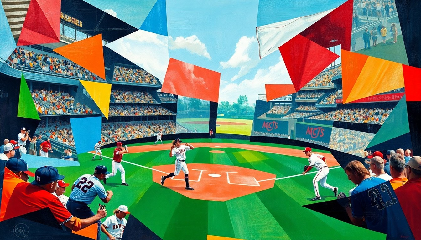A cubist-style painting featuring sharp, angular shapes and bold colors that represent the players, action, and energy of a college baseball game, without any identifiable individuals or logos.