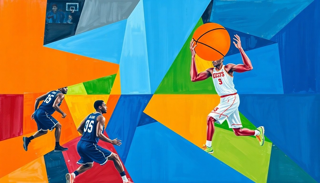 A fractured, multi-perspective painting in vibrant blue, orange, and green geometric shapes, conceptually representing the complex dynamics of college basketball's tournament picture.