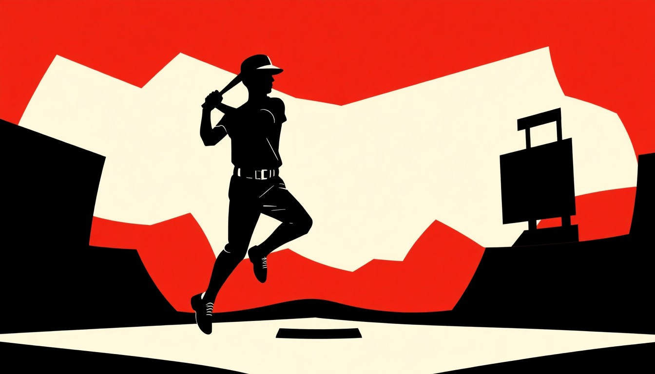 An abstract, minimalist composition featuring a stark black silhouette of a baseball player rounding the bases, set against a high-contrast background of bold red and white geometric shapes, conceptually representing the iconic statues created by the unsung sculptor Susan Wagner.