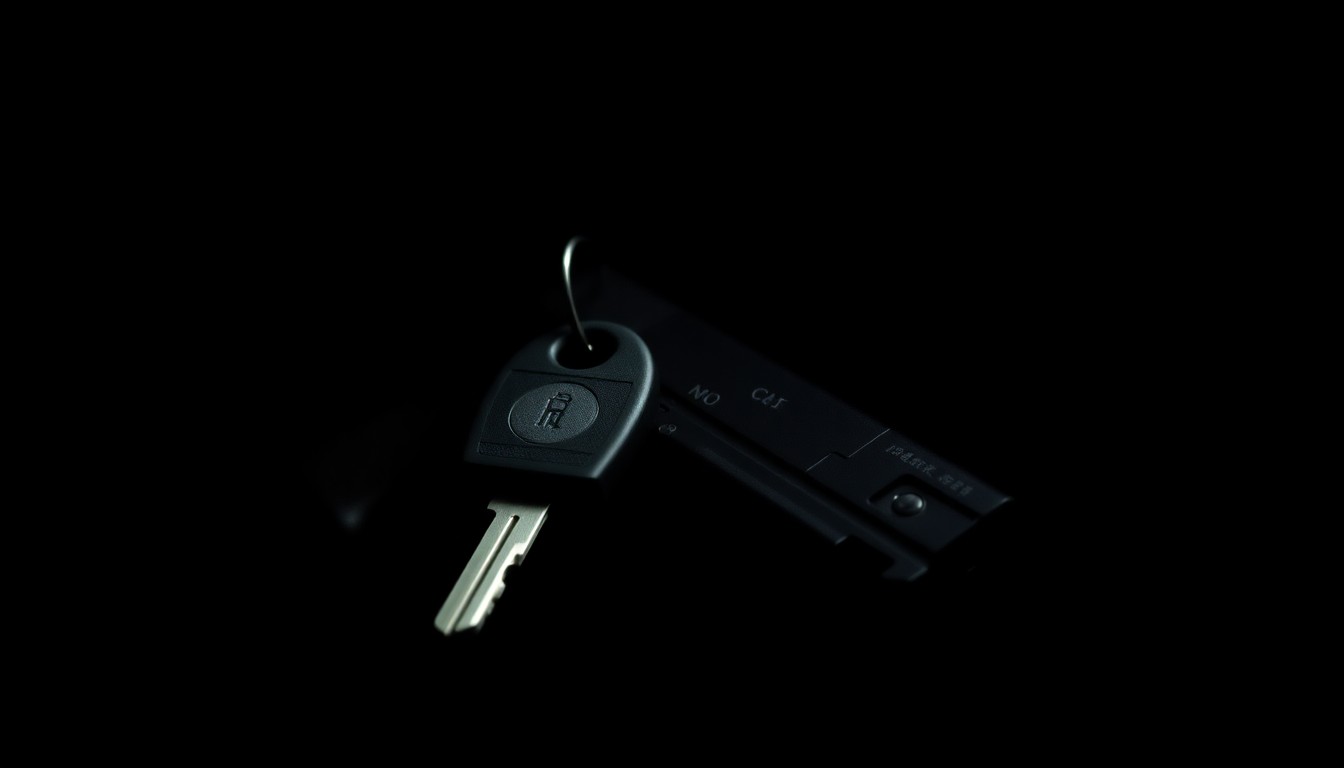 An extreme close-up photograph of a car key and a handgun magazine against a pitch-black background, lit by a harsh, direct camera flash, conceptually representing the theft of a vehicle and firearm.