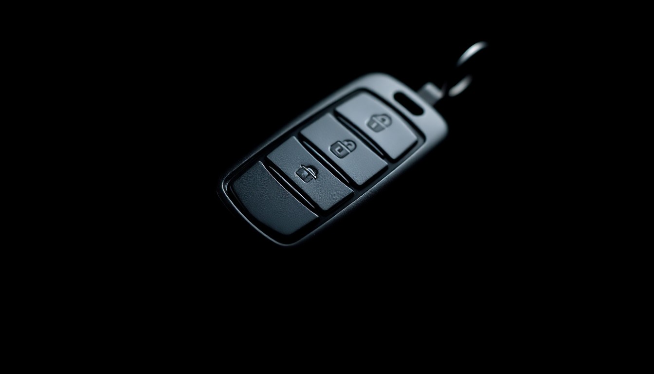 An extreme close-up of a car key fob, the metallic surface reflecting the harsh light of the camera flash against a stark black background, conceptually representing the violent theft of a vehicle.