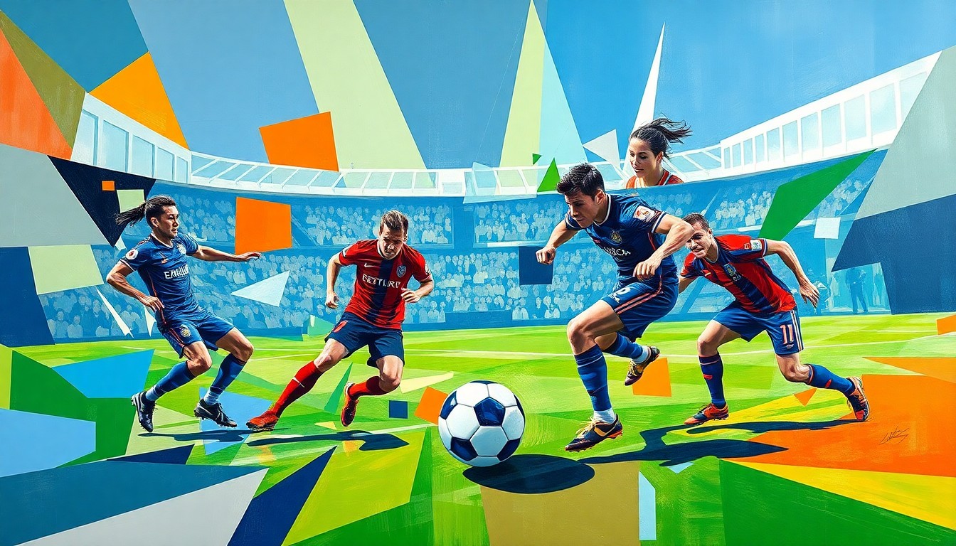 A cubist, geometric painting depicting the dynamic action of a soccer match, with fragmented shapes and overlapping planes representing the players' movements and the ball's trajectory.