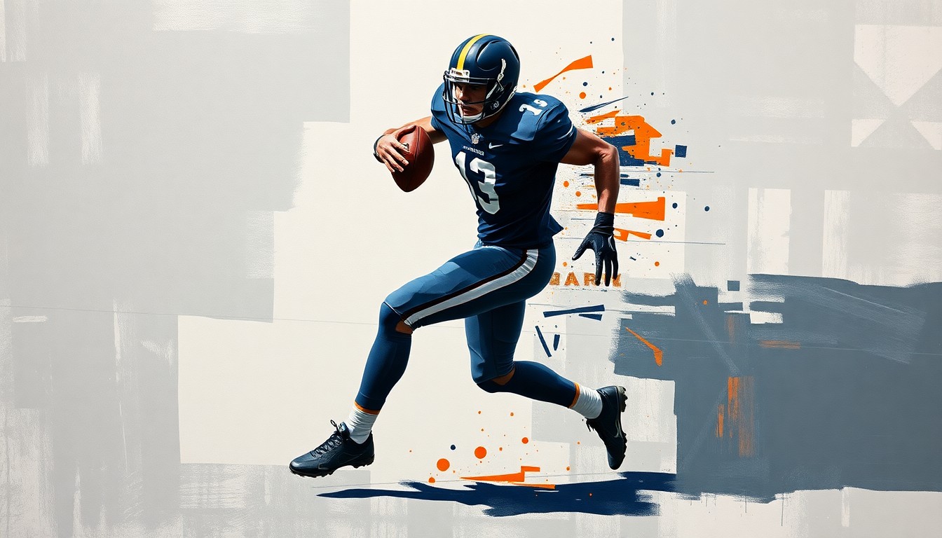 A fragmented, geometric painting depicting a football player in motion, their body broken down into sharp, overlapping shapes in a muted color palette, conceptually representing the Steelers' physical, run-heavy offensive approach.