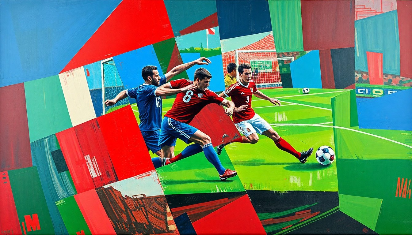 A cubist, geometric painting depicting a soccer player in motion, with sharp, overlapping planes of color representing the dynamic action of the game.