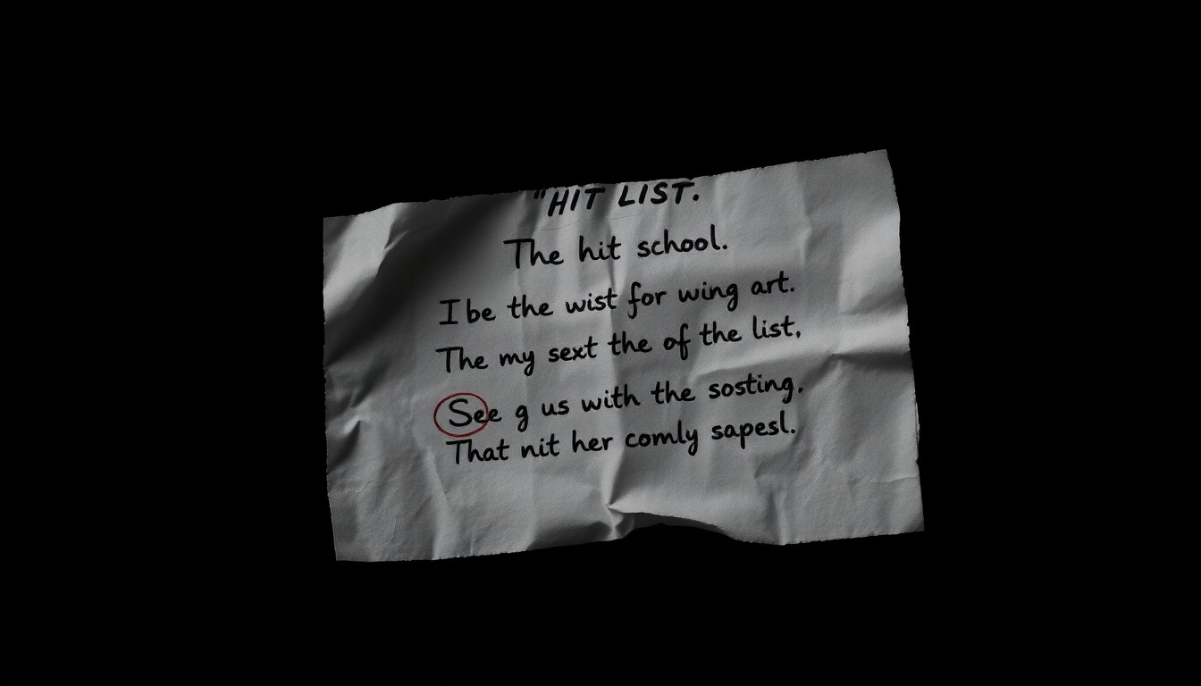 An extreme close-up photograph of a crumpled piece of paper with handwritten text, lit by a harsh direct flash against a pitch-black background, conceptually representing the discovery of an alleged 'hit list' at a local school.