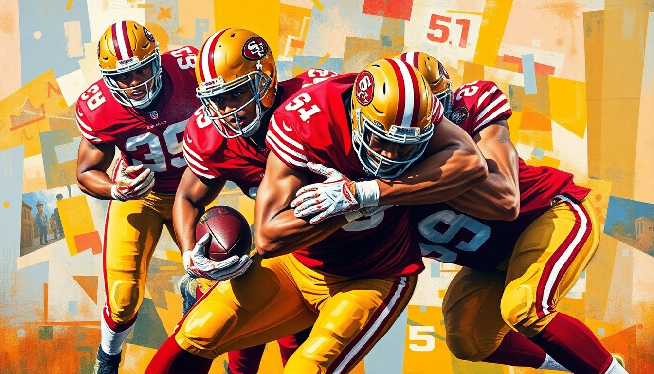 A fractured, geometric painting depicting a defensive lineman in motion, with sharp planes of red and gold colors representing the 49ers' uniform. The abstract style captures the energy and dynamism of defensive line play.