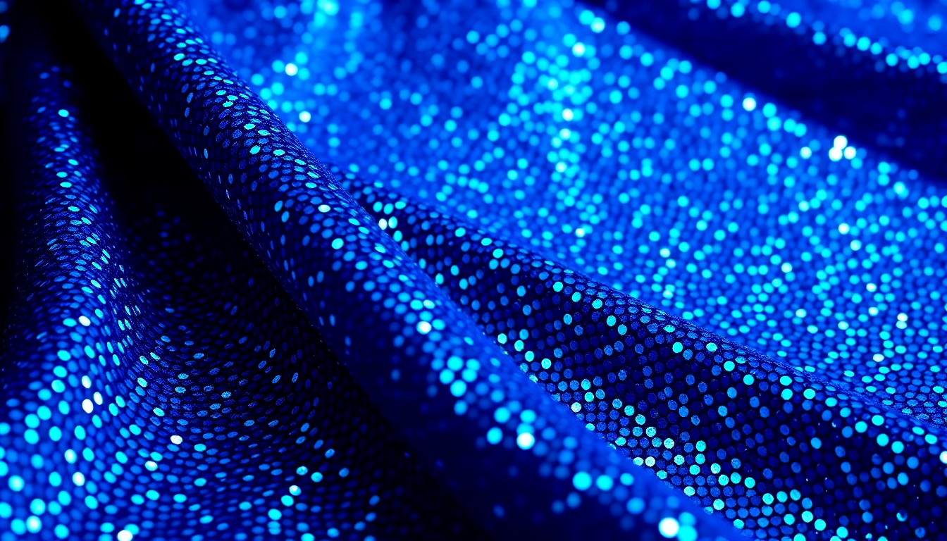 An extreme close-up photograph of a shimmering, sequined fabric in a vibrant royal blue color, with dramatic studio lighting creating a high-contrast, glamorous aesthetic.