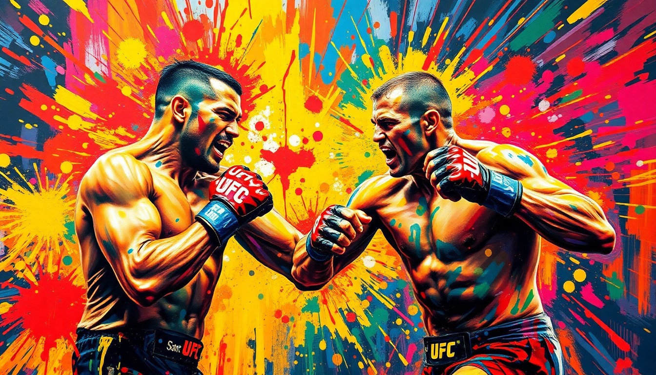 An abstract expressionist painting in vibrant neon colors, with rapid brushstrokes capturing the raw power and motion of a UFC fight, the fighters' faces and forms dissolving into unrecognizable shapes.