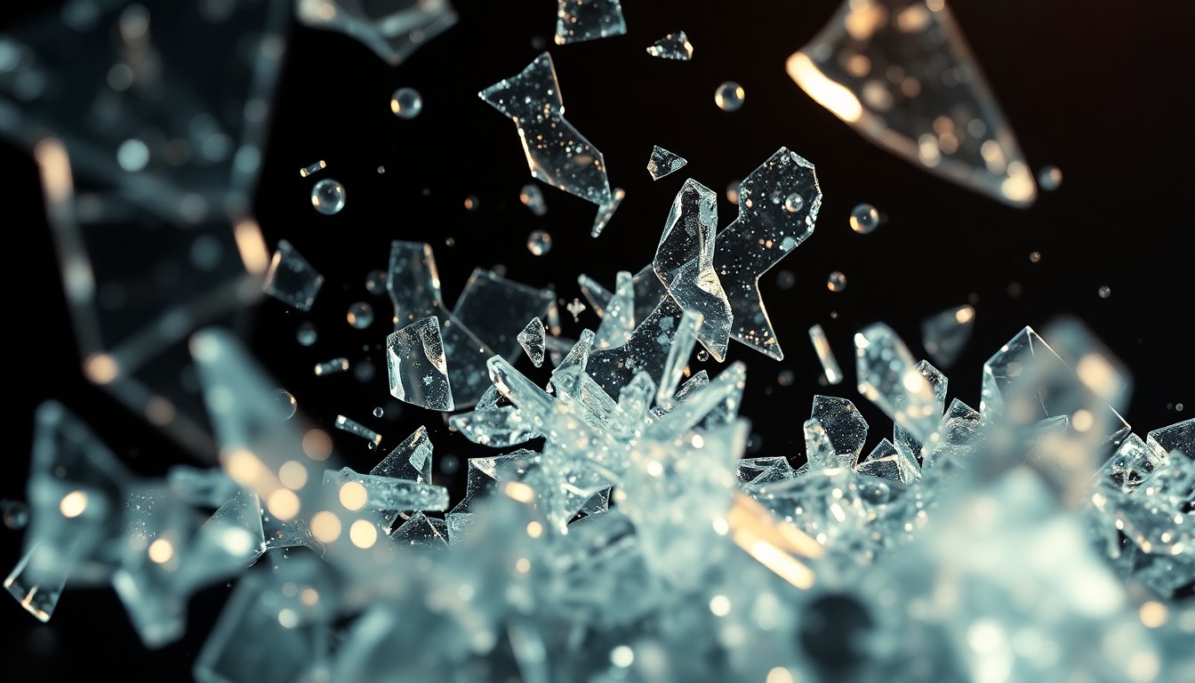 An abstract macro photograph of shattered glass and glittering shards, capturing the tension and fragmentation in the entertainment industry.
