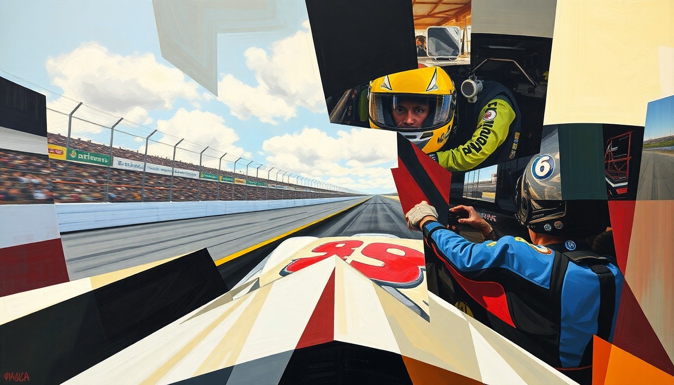 A cubist, geometric painting depicting a NASCAR race scene, with the car and driver as the central focus, surrounded by fragmented shapes and planes of color representing the track and environment.