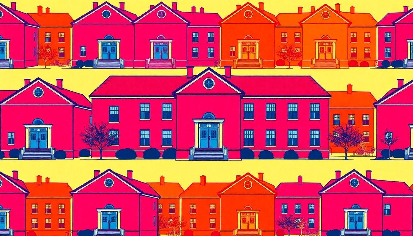 A brightly colored, high-contrast silkscreen print of a single, iconic school building repeated in a tight grid pattern, utilizing flat, vibrant, and unnatural neon color palettes overlapping with heavy black photographic outlines to turn the everyday school building into modern pop art.