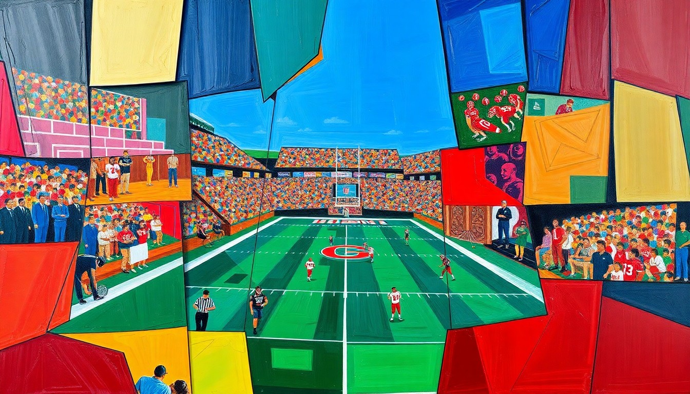 A cubist, geometric painting depicting a fragmented, multi-perspective scene of an NFL Draft, with sharp, overlapping planes of color representing the dynamic and unpredictable nature of the event.