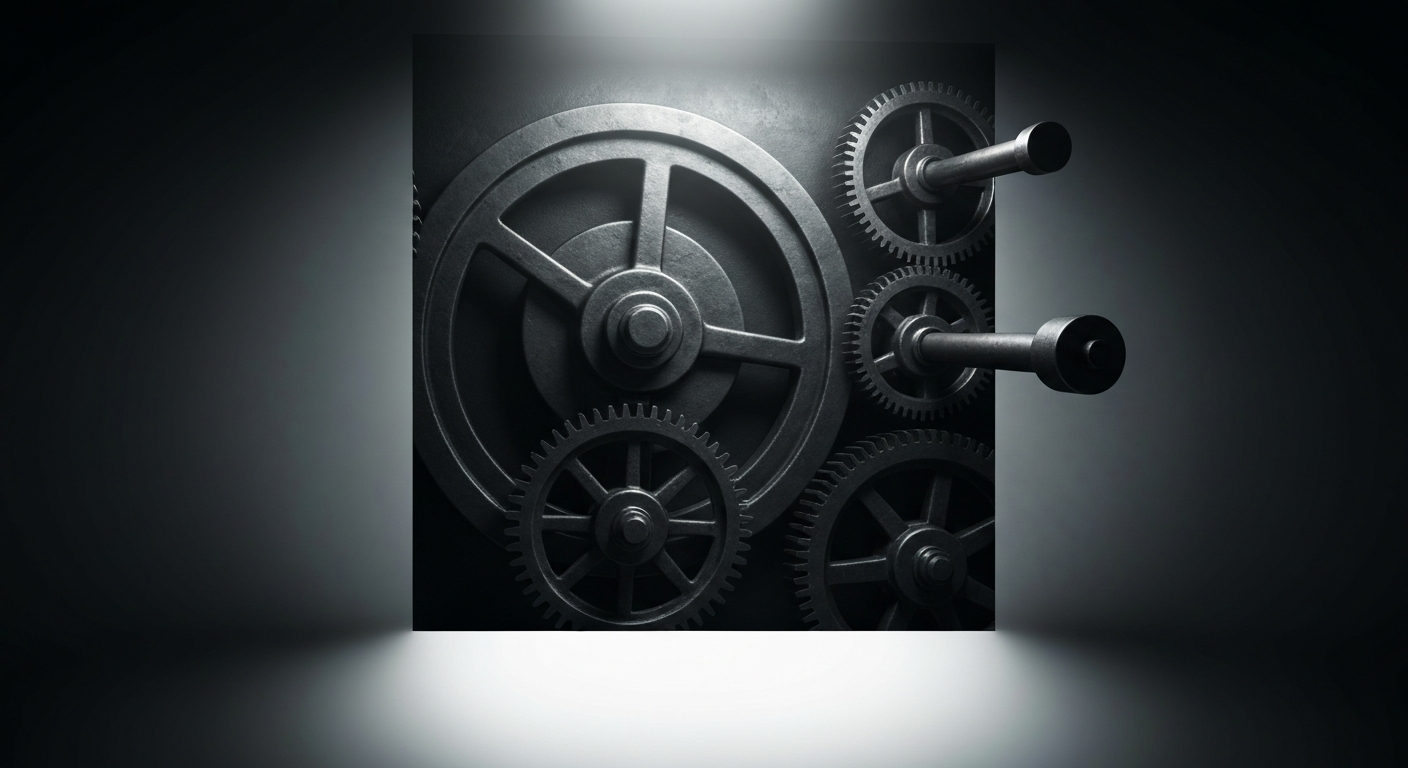 An extreme close-up of intricate, interlocking metal banking machinery and gears, dramatically lit to convey the complex mechanics of the financial system.