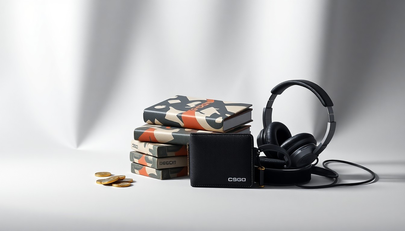 A photorealistic studio still life featuring a stack of CSGO weapon skins, a digital cryptocurrency wallet, and a pair of gaming headphones arranged elegantly on a clean, monochromatic background, conceptually representing the abstract concepts of online gambling, digital assets, and competitive gaming.