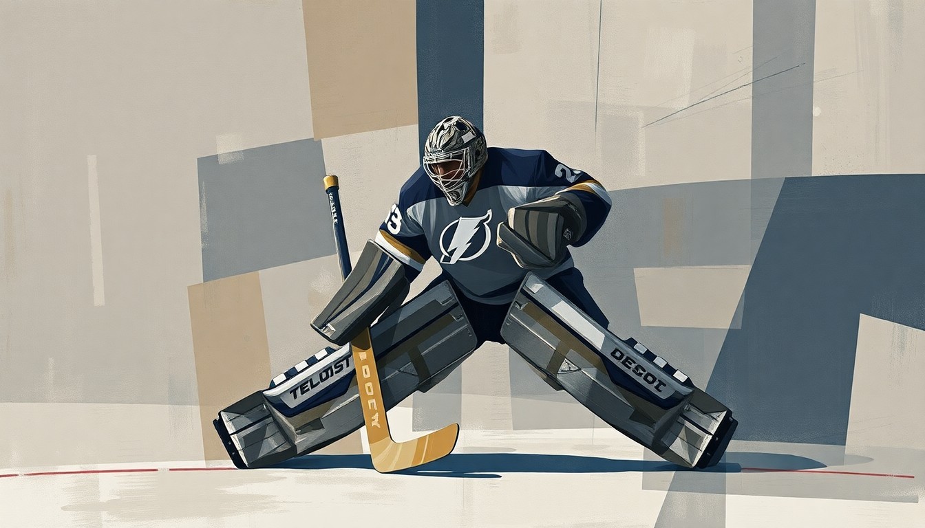 A fragmented, geometric painting depicting a hockey goaltender's movements and emotions, with sharp planes of muted colors representing the mental and physical toll of the position.