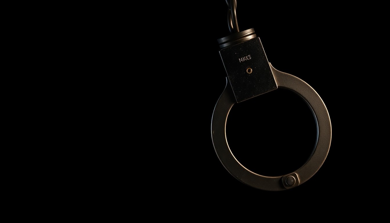 An extreme close-up photograph of a metal handcuff lock, the harsh flash creating dramatic shadows and textures to convey a sense of investigation and accountability.