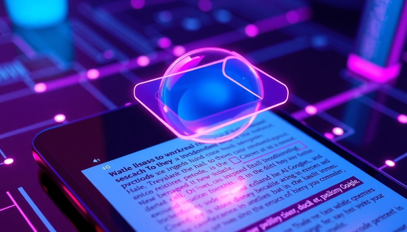 A highly detailed, glowing 3D illustration of a smartphone screen with a draggable visual search bubble hovering over text, representing the AI-powered capabilities of Google Lens. The image features recognizable digital technology elements illuminated by neon cyan and magenta lights, conceptually illustrating the complex relationship between technology and education.