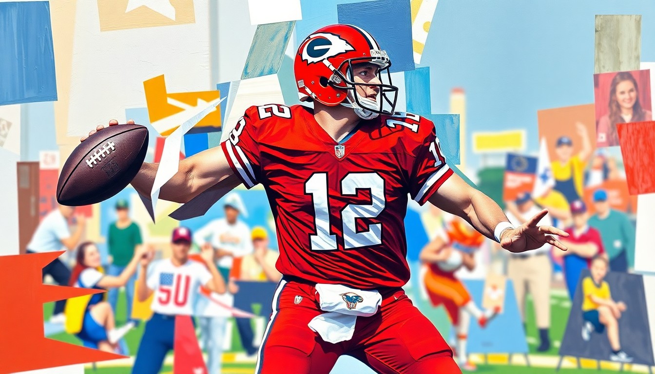 A cubist, geometric painting depicting a football quarterback in motion, with sharp, overlapping planes of color representing the player's movements on the field.