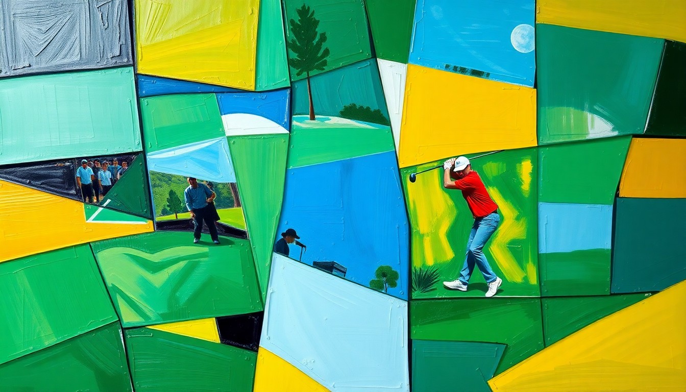 A cubist, geometric painting depicting a fractured, multi-perspective view of a golf tournament, with sharp overlapping planes in vibrant shades of green, blue, and yellow, conveying the dynamic energy and unpredictability of the event.