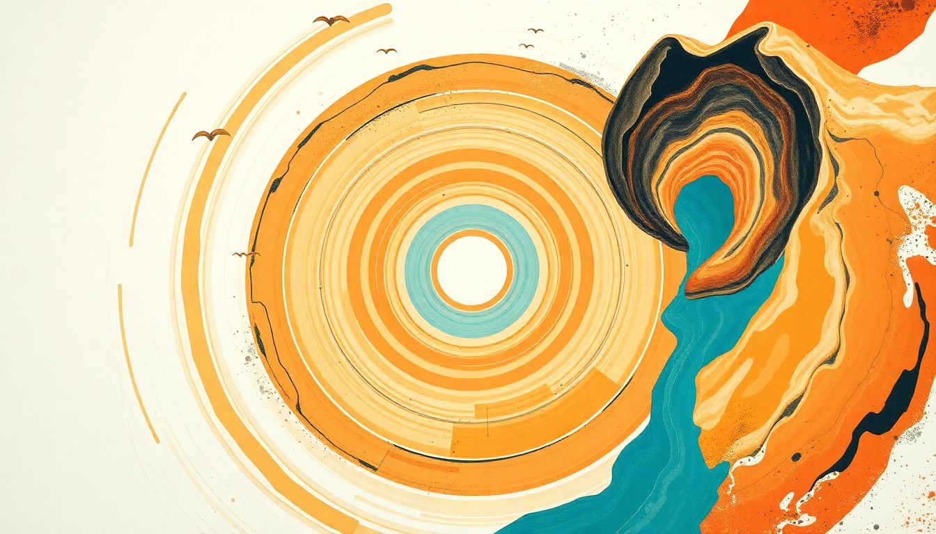 A highly textured abstract painting in earthy tones of ochre, sienna, and turquoise, featuring sweeping geometric arcs, concentric circles, and precise botanical spirals, conceptually representing the interconnected geological forces that shaped the Grand Canyon landscape.