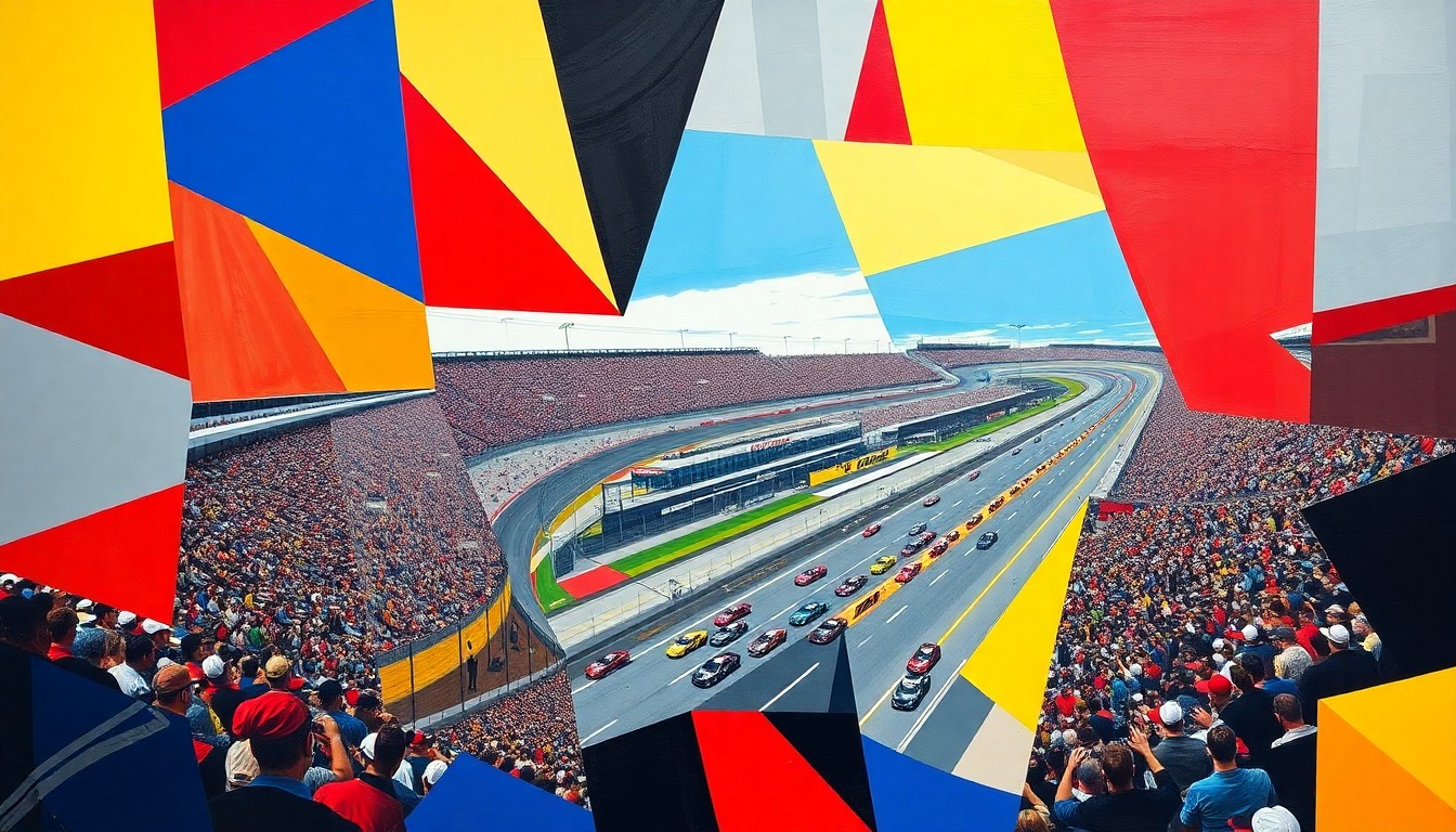 A fractured, geometric painting in bold colors depicting the chaotic energy of a NASCAR race at Bristol Motor Speedway, with cars and the track broken down into sharp, overlapping shapes.