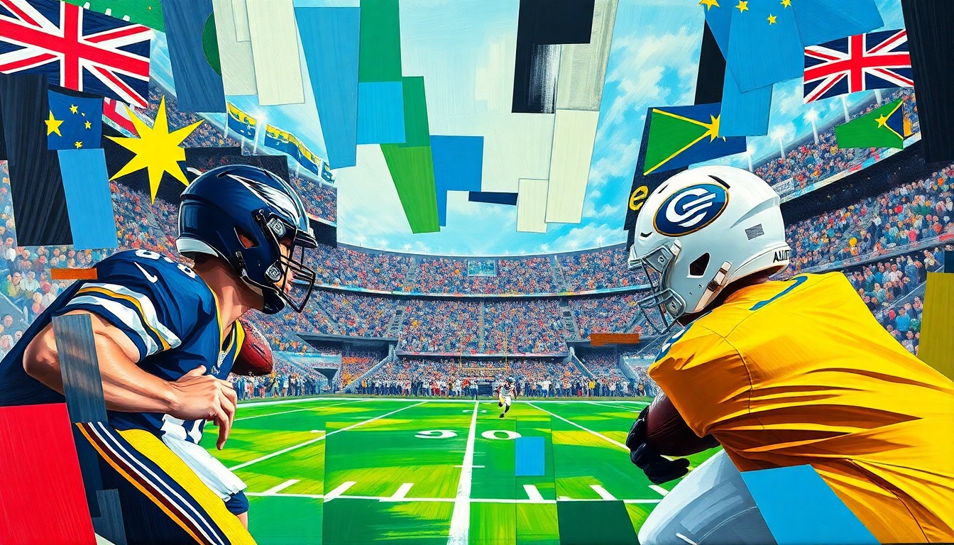 A cubist-style painting depicting a fragmented, geometric representation of a football game, with overlapping planes of color and shape capturing the dynamic energy of the sport against the backdrop of the Australian flag.