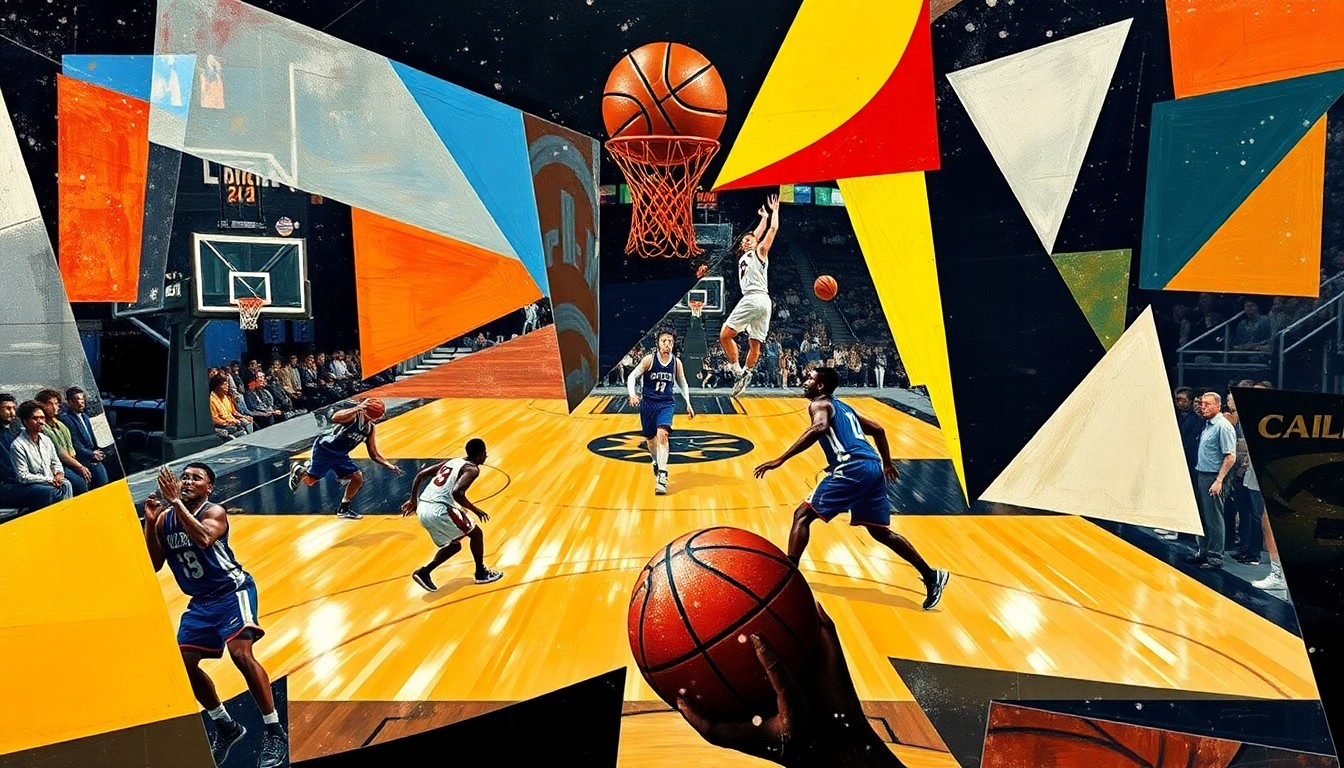 A cubist-style painting featuring sharp, overlapping geometric planes of color representing a college basketball game, with the court, players, and ball deconstructed into abstract shapes.